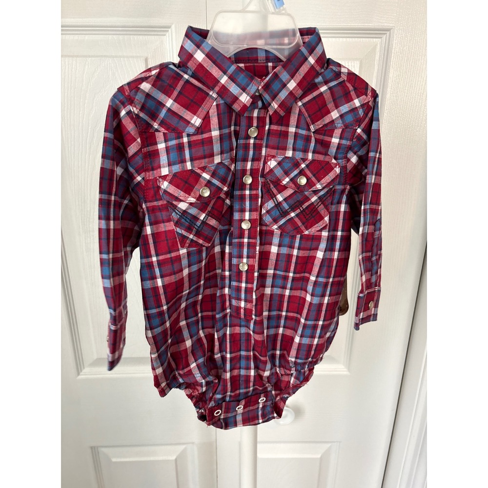 Wrangler Baby Boys Red Blue‎ Plaid Western Long Sleeve Pearl Snap Bodysuit 18M